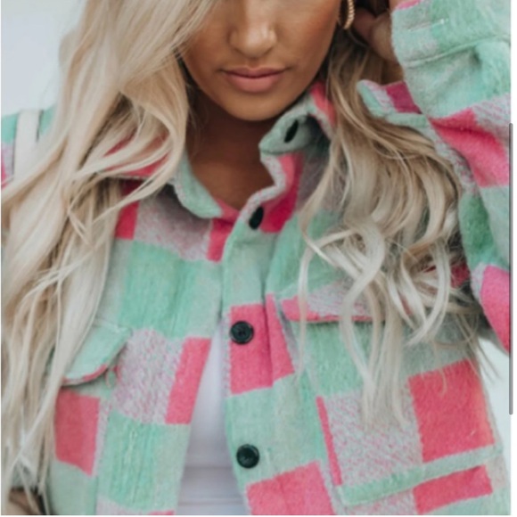 60 Oversized Soft Heavyweight Green Pink Plaid Cozy Brushed Shacket Pockets - Picture 6 of 9
